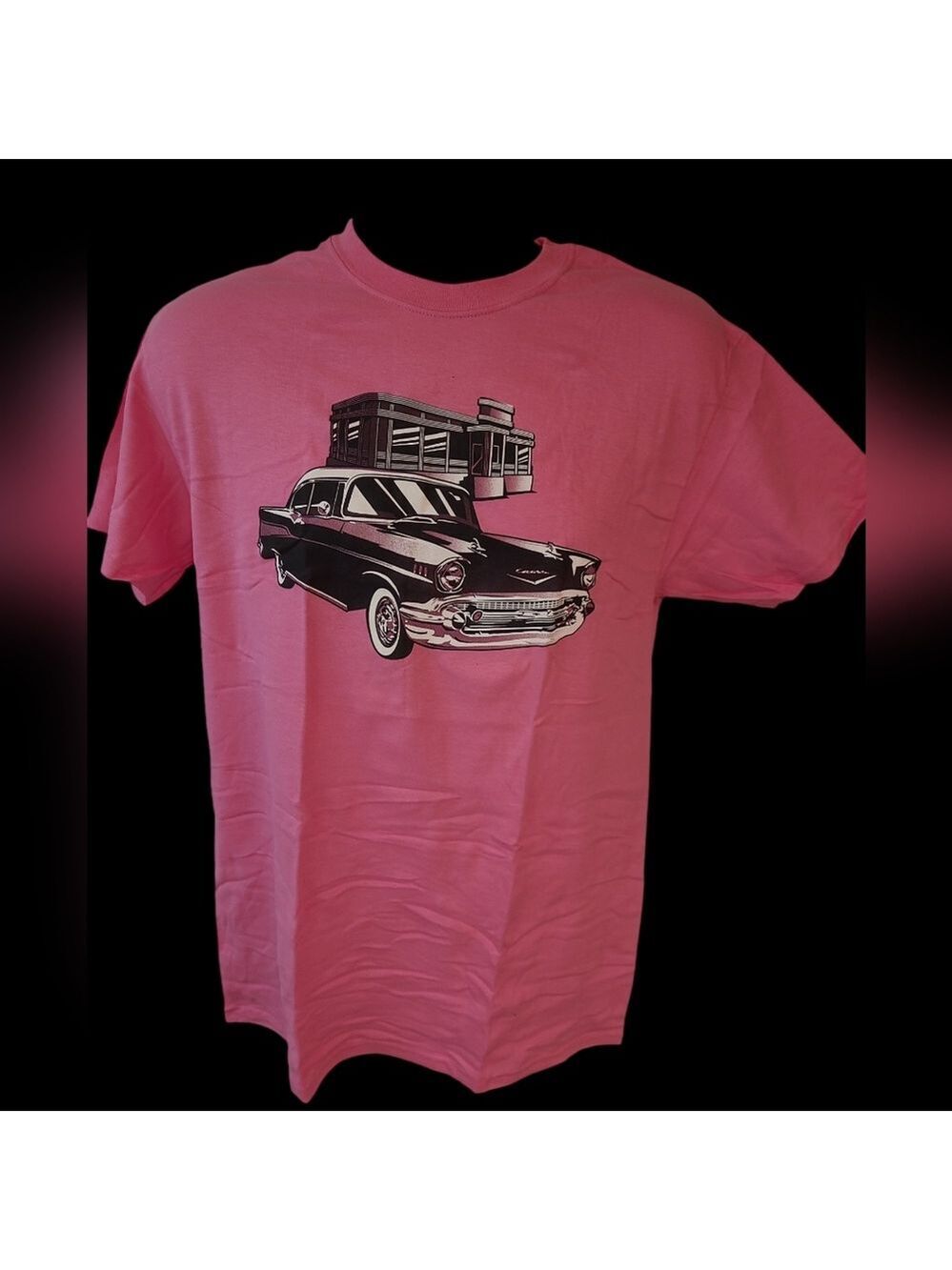 57 Chevy Car In Front Of Diner Ladies Short Sleeve T-shirt Size L